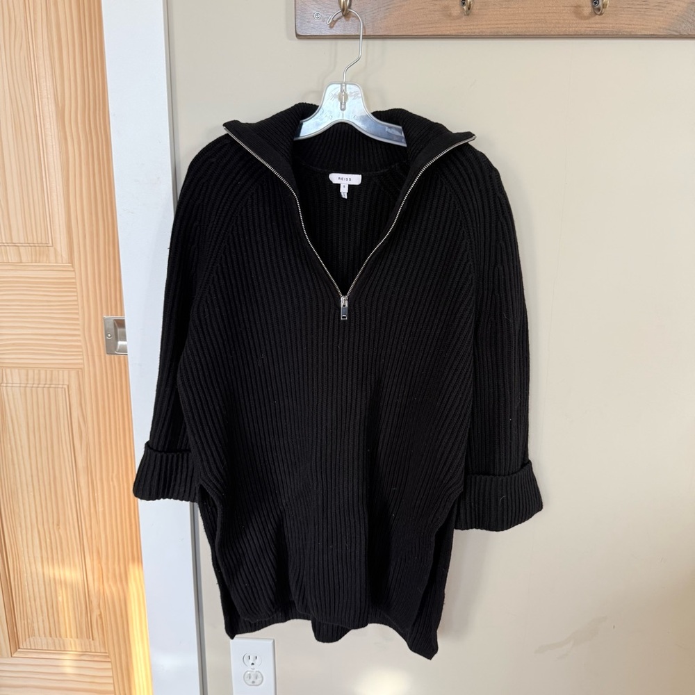 Reiss Black Ribbed Sweater Quarter Zip Small